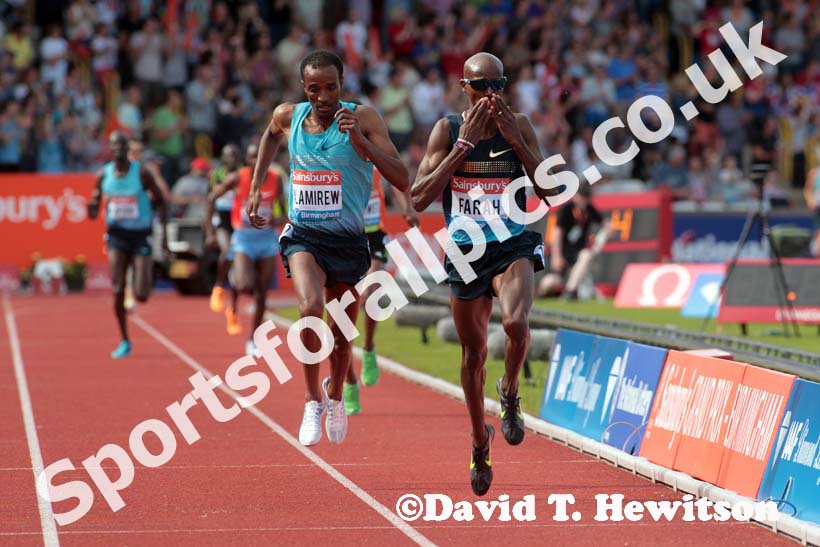 Mo Farah (GB) starts to celebrate after outsprinting Yenew Alamirew (Eith) in the 5000 metres at the IAAF Diamond League, Birmingham.